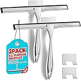 ALFLOD 2pcs Shower Squeegee for Glass Doors with Adhesive Hanging Hook Set | 10&rdquo; Silver, Bathroom Accessories, Window Cleaner, New Home Essentials, Soft Rubber Blade, Metal Handle, Ergonomic Grip