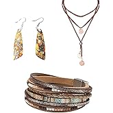 EVKILKJS 3 Pcs Western Jewelry for Women Bohemian Set, Boho Vintage Choker Necklace Natural Stone Earrings Faux Leather Layered Bracelet, Jewelry Sets for Women Gift 