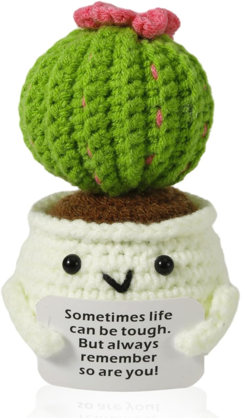 ALUNME Crochet Cactus Plush with Inspirational Card, Handmade Funny Plant with Positive Quote Tough Like You, Cute Desk Decor for Office & Home Encouragement Gift