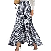 chouyatou Women's Casual Plaid Mermaid Maxi Skirt A Line Irregular Ruffle Hem Fishtail Long Skirt