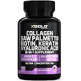 X Gold Health Collagen Biotin Complex for Hair, Skin & Nails – 16-in-1 Beauty Supplement with Keratin, Hyaluronic Acid & Saw Palmetto – 90 Capsules