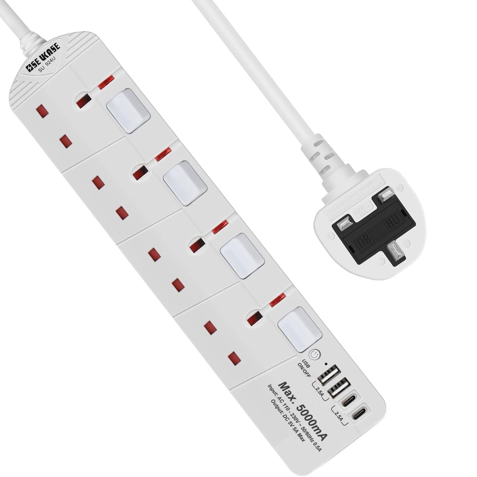 SE UKASE Extension Lead with USB Slots(5V/5A), 4 Way Plug Sockets with Individual Switches USB and Type C, Wall Mount Design with 2M Extension Cable 2990W