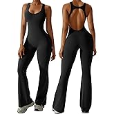 OEAK Womens Flare Jumpsuit with Bra Tummy Control Cutout Romper Workout Outfit Sleeveless Unitard One Piece Backless Bodysuit