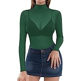 MANGOPOP Women's Mesh Top Long Sleeve See Through Mock Neck Blouse Sheer Sexy T Shirts Clubwear Bodycon