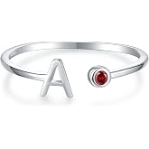 Initial Letter Birthstone Rings - 925 Sterling Silver 1-12 Month Ring | Adjustable Birthstone Alphabet Stacking Ring for Women Stackable Birthstone Rings Birthday Jewelry Gift for Daughter Mom