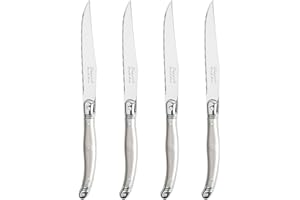 French Home Set of 4 Laguiole Steak Knives (Pewter) — Stainless Steel Dinner Knives — Cutlery Set for 4 — Fancy Serrated Kniv