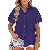 RITERA Plus Size Button Down Shirts for Women Short Sleeve Navy Blue Blouse Collared Button up Royal Blue T-Shirt Casual Solid Top Loose Fit Summer Lightweight Tunics 3XL 22W 24W
