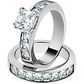 Marimor Jewelry Women's Stainless Steel 316 Princess Cut 3.75 Carat Zirconia Wedding Ring Set