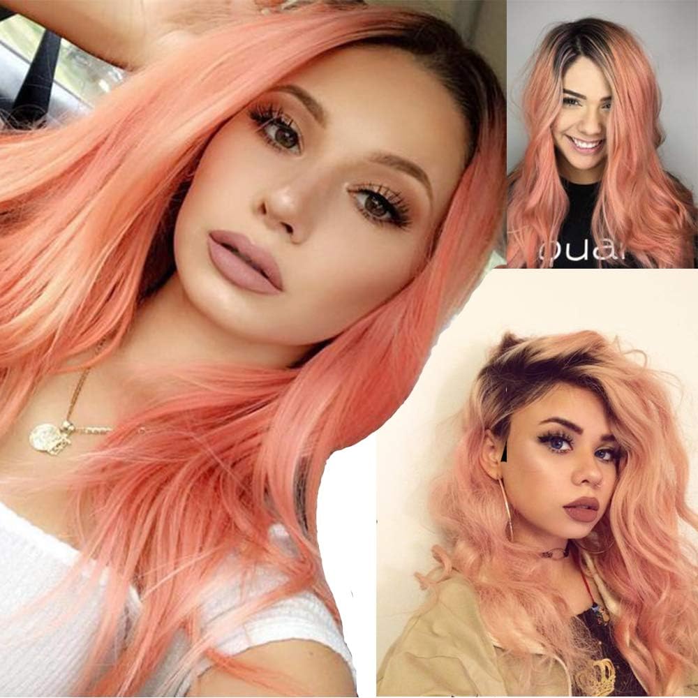 Formal Hair Ombre Peach Pink Synthetic Lace Front Wigs Long Natural Wavy Dark Roots Synthetic Wigs for Women Heat Resistant Fiber Glueless Full Wig Half Hand Tied 24 inch