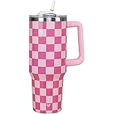wesncdch 40 oz Tumbler with Handle and Straw Lid | Vacuum Insulated Leak Proof Tumbler | Stainless Steel Water Bottle Cup Gifts for Moms Dads Women Men Him Her | Pink Checkered