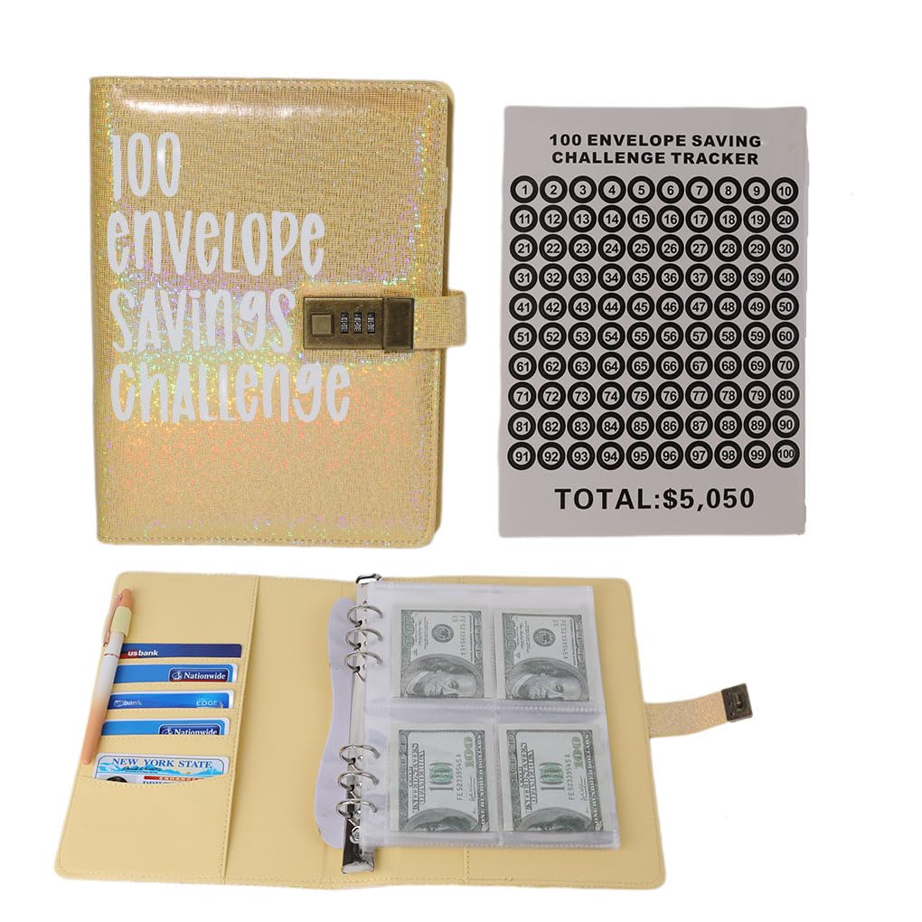 FineInno 100 Envelope Money Saving Binder, Savings Challenges Book with Cash envelopes,Easy and Fun Way to Save $5050 Money Budget Binder with Password (Yellow)