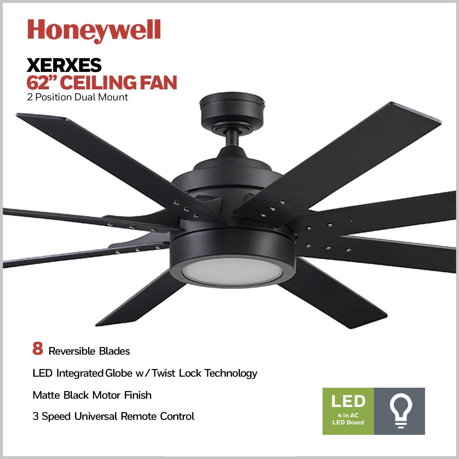 Honeywell Ceiling Fans 51473-01 Xerxes Ceiling Fan, 62, Matte Black: Home Improvement