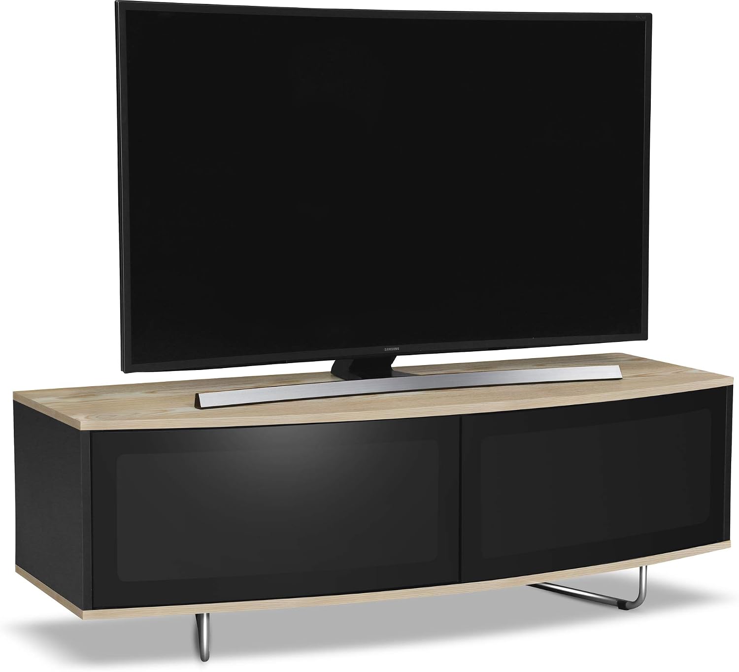 Centurion Supports Caru Gloss Black and Oak Beam-Thru Remote Friendly Super-Contemporary D Shape Design 32"-65" LED/OLED/LCD TV Cabinet