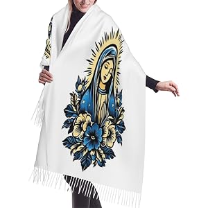 QINWEIDJUE Virgin Mary Prayer Shawl Scarf, Catholic Religious Wrap for Women, Soft Pashmina Shawl, Christian Faith Gift for M