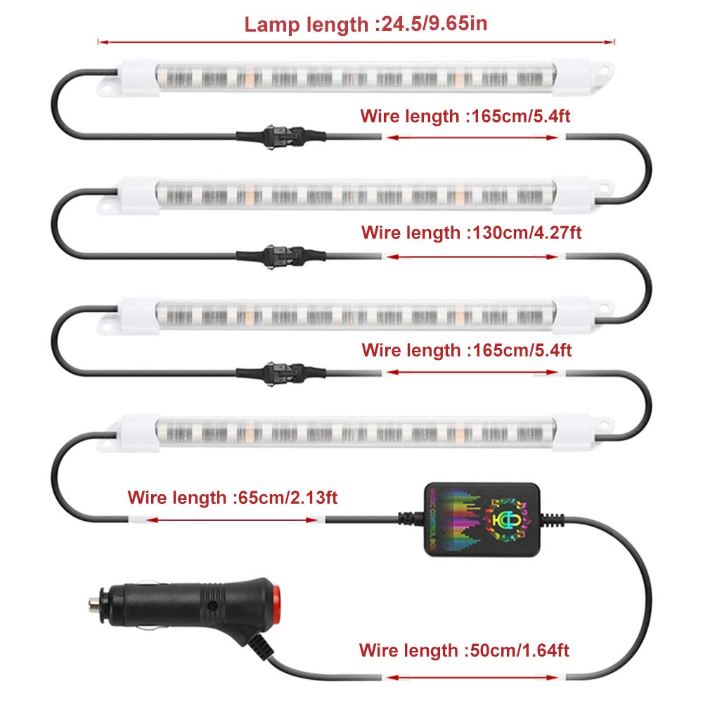 FICBOX Car LED Strip Lights, 4pcs 48 LED Multi Color Music Car Strip Light Under Dash Lighting Waterproof Kit with Sound Active Function and Wireless Remote Control,Car Charger Included