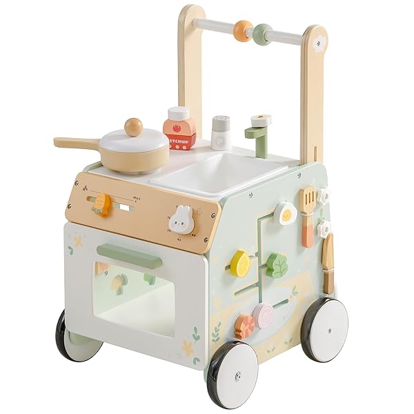 ROBOTIME BABY WALKER PUSH TOY, ADJUSTABLE HEIGHT & SPEED, PREVENTS BOW LEGS, SPRING GARDEN ACTIVITY CENTER WITH CLOCK, SHAPE SORTER, PLAY KITCHEN, AND SINK, IDEAL TODDLER WALKING TOY FOR 10+ MONTHS
