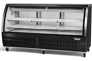 Xiltek 82" Black Stainless Steel Deli Display Case with LED Lighting, Curved Glass Refrigerated Meat and Seafood Showcase, Bakery Case and Casters