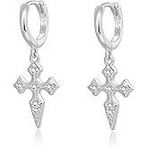 Lansora Cross Hoop Earrings CZ Cross Huggie Dangle Earrings Gold Plated Pendant Drop Hinged Hoop with Cubic Zirconia Silver Post Elegant Jewelry for Women