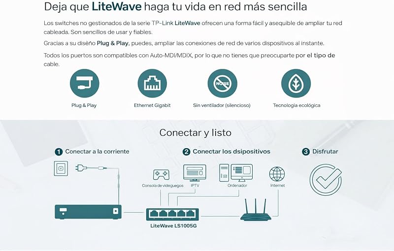 LS1005G - Switch Gigabit de 5 portas, plug & play, caixa de plástico