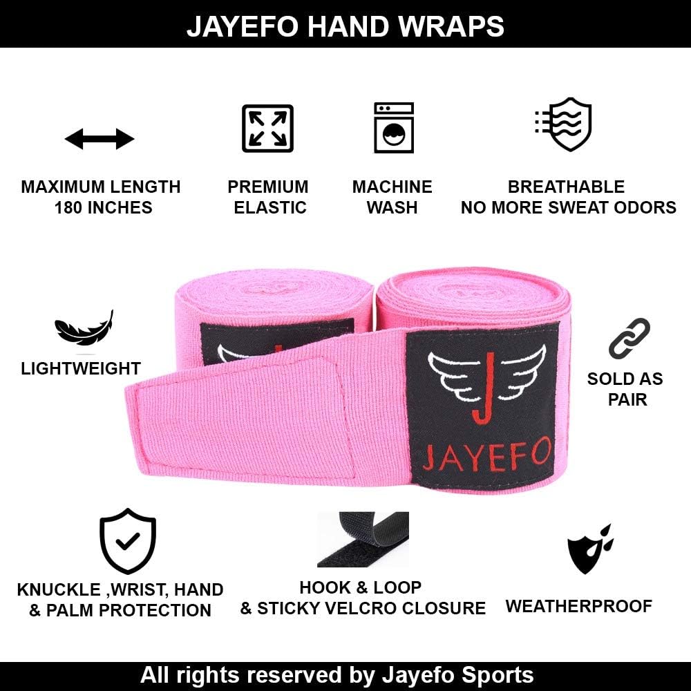 Jayefo Pair Boxing MMA HANDWRAPS 180 INCHES 4.5 Meters Official Muay Thai Kickboxing Fish Wrist Knuckle Professional Men Women- 2 Years Warranty (Pink) : Sports & Outdoors