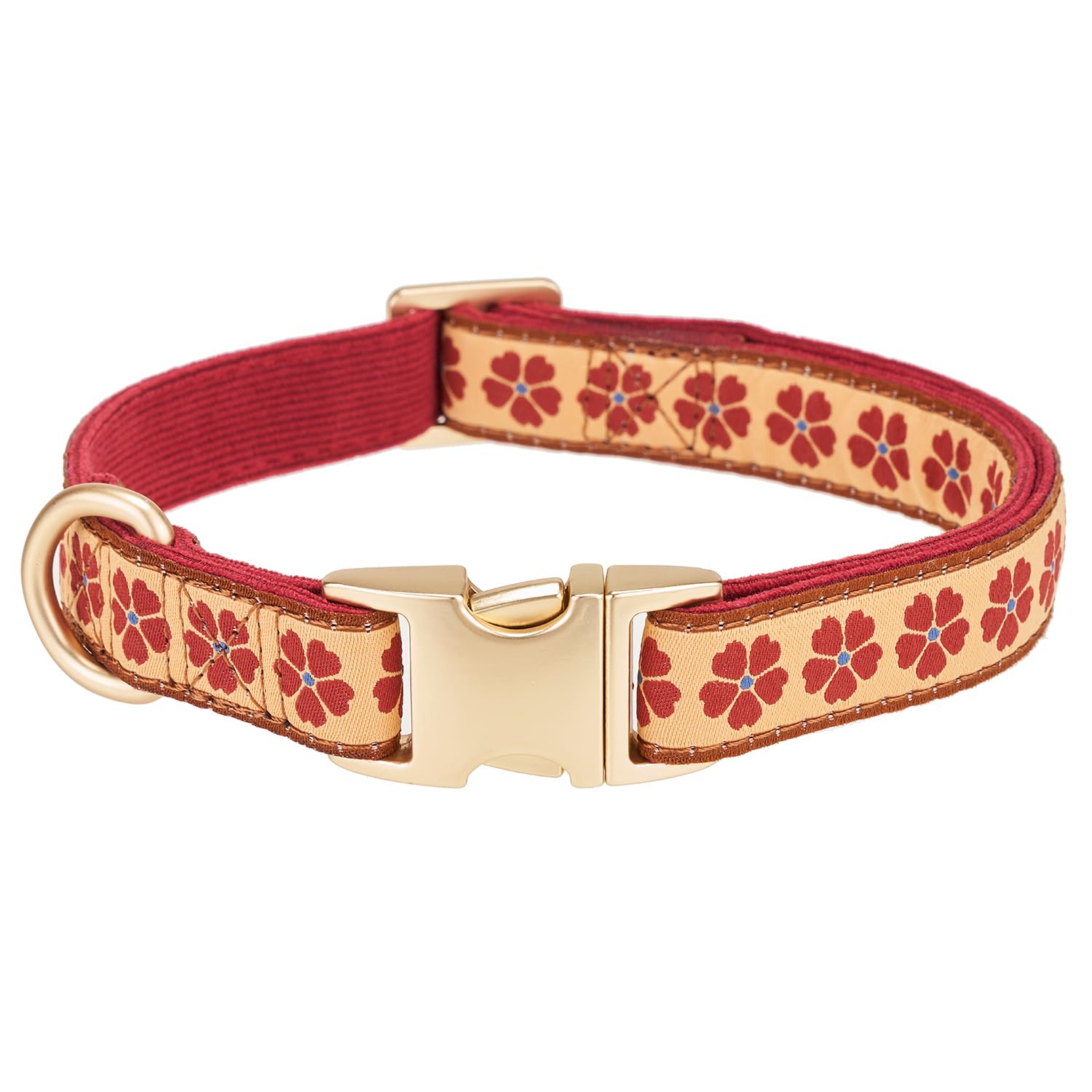 Petiry Woven Dog Collar with Metal Clasp- Eye-Catching Flower Design,Stylish & Comfortable For Small Dogs Neck 25-38cm,Red