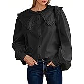 Tankaneo Womens Button Down Shirts Cotton Puff Sleeve Babydoll Blouse Fall Casual Doll Collar Tops