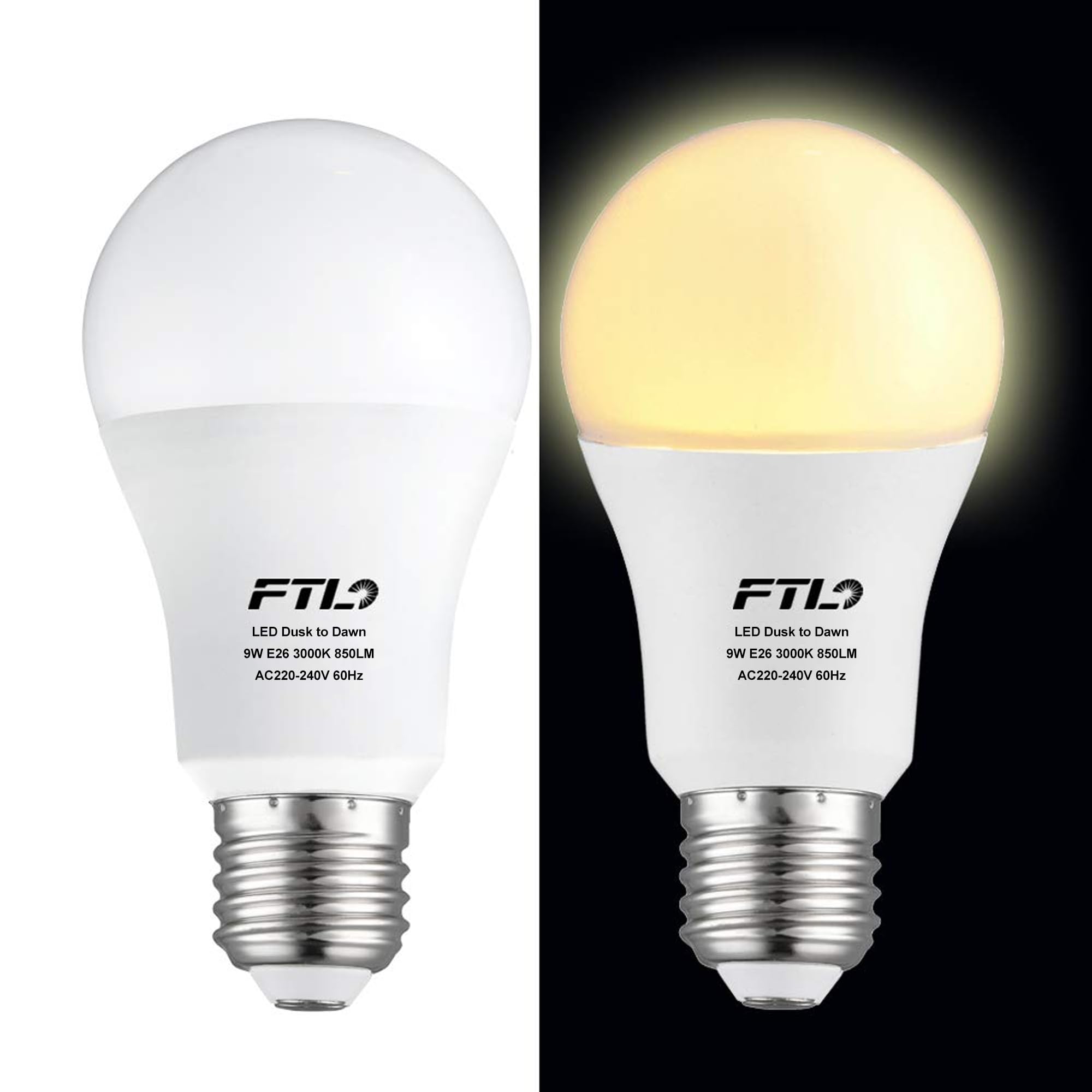 FTL Dusk Till Dawn Light Bulb LED 3000K Warm White 9W(60W Equivalent) 850LM A60 E27 Outdoor Light Sensor Bulb for Porch, Garage, Garden 2-Pack