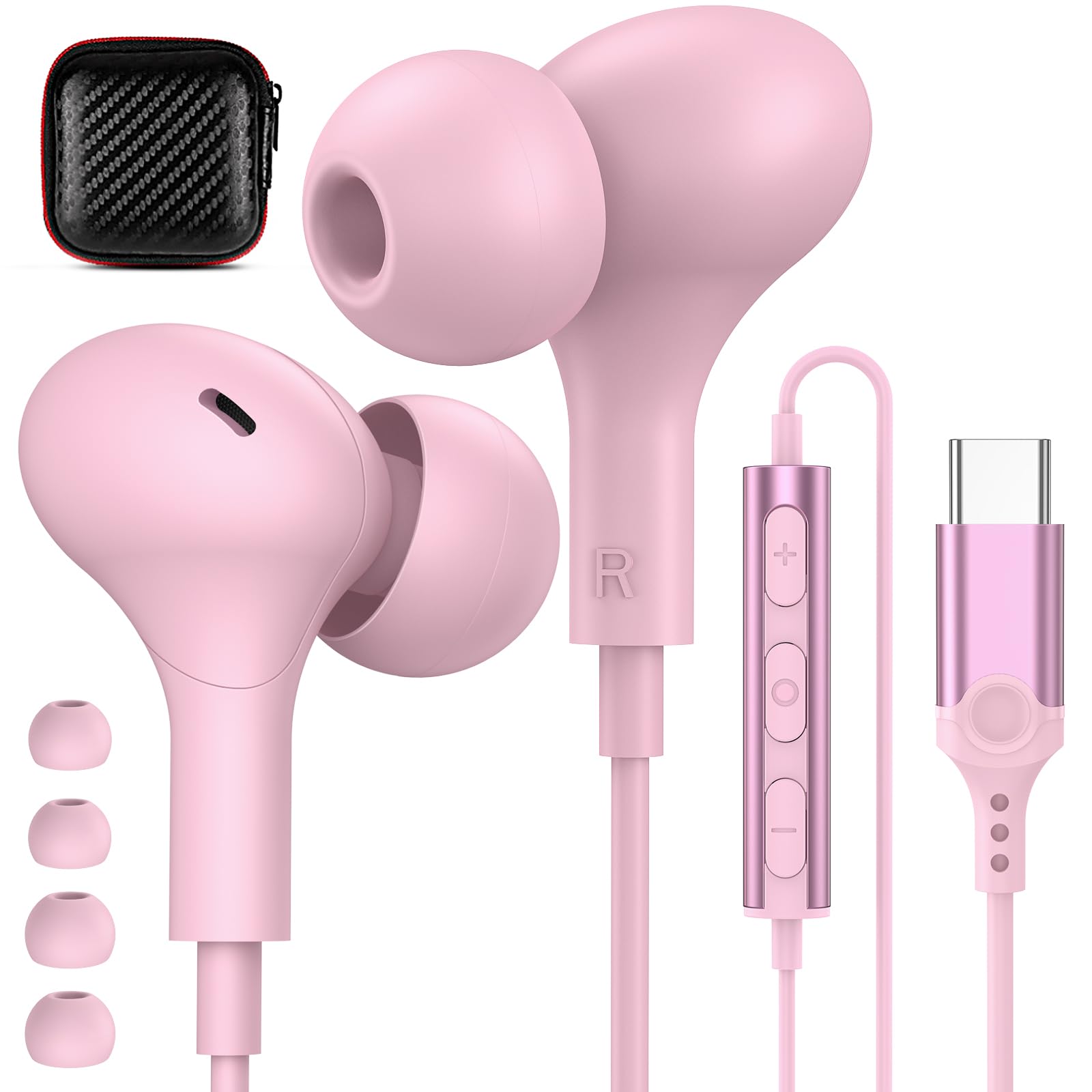 Photo 1 of USB C Headphones for iPhone 16 15 Plus/Galaxy S25 Wired Earbuds with Microphone for Samsung S24 S23 S22 S21 S20 FE Ultra, Noise Canceling Magnetic in-Ear Type C Earpones for iPad 10th/Pixel 8a, Pink