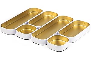 Three by Three Seattle 6 Piece Shallow Metal Organizer Tray Set for Storing Makeup, Stationery, Utensils, and More in Office Desk, Kitchen and Bathroom Drawers (1 Inch, Gold and White)
