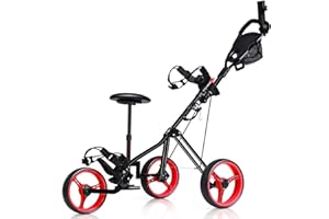 MEDIMALL Mayjooy 3 Wheel Golf Push Cart, Folding Golf Trolley w/Removable Stool, Adjustable Handle & Umbrella Holder, Lightweight Golf Push Cart w/Foot Brake, Cup Holder & Scoreboard Bag