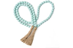 OMISHE 59in Wood Bead Garland with Tassels, Wooden Beads Garland, Decorative Beads Garland Decor, Farmhouse Beads Garland for Wall Hanging Home Festival Decor, Aqua, Teal