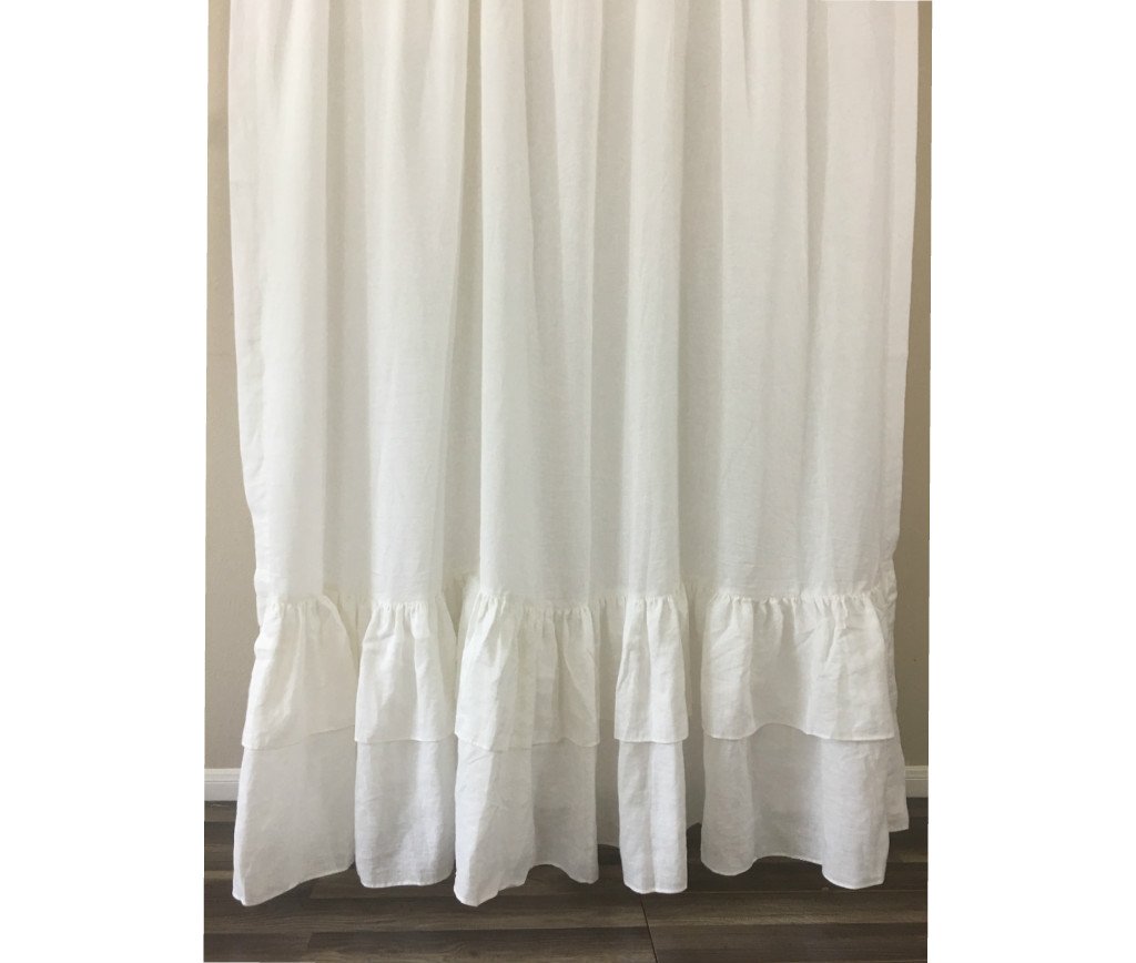 Amazon Com Linen Shower Curtain With Double Ruffle White Gray