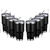 MEWAY 30oz Insulated Tumbler With Lids and Straws,Stainless Steel Double Vacuum Coffee Tumbler Cup, Brush, Durable Powder Coated Coffee Cup for Cold & Hot Drinks(Black,8 PACK)