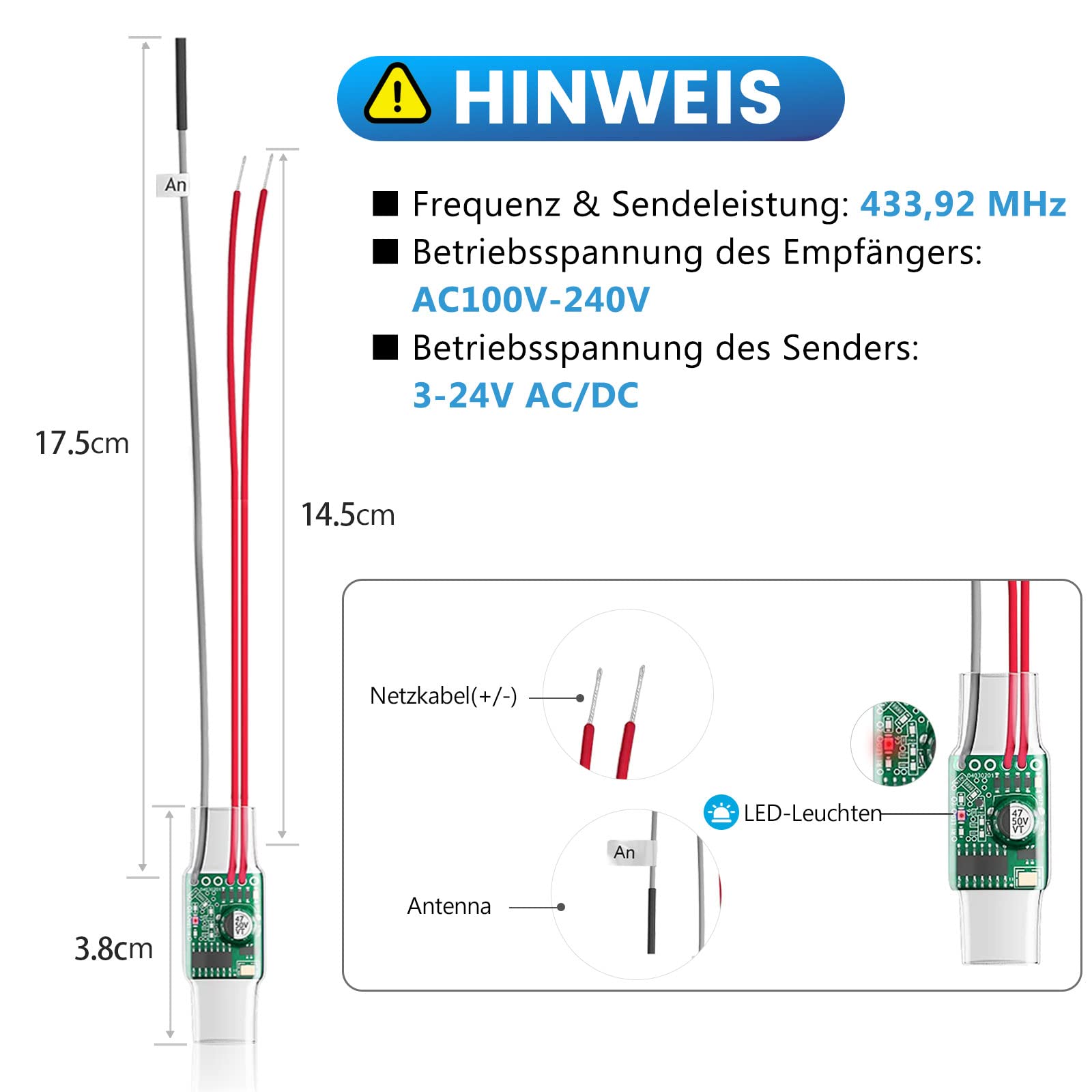 Satisure Funksignal Weiterleitung, Türklingel Weiterleitung Funk Klingelanlagen Funkkonverter(3-24V) Funk Gong Erweiterung Set 58 Melodien & 5 Lautstärkestufen für Türklingel Kabelgebunden 3