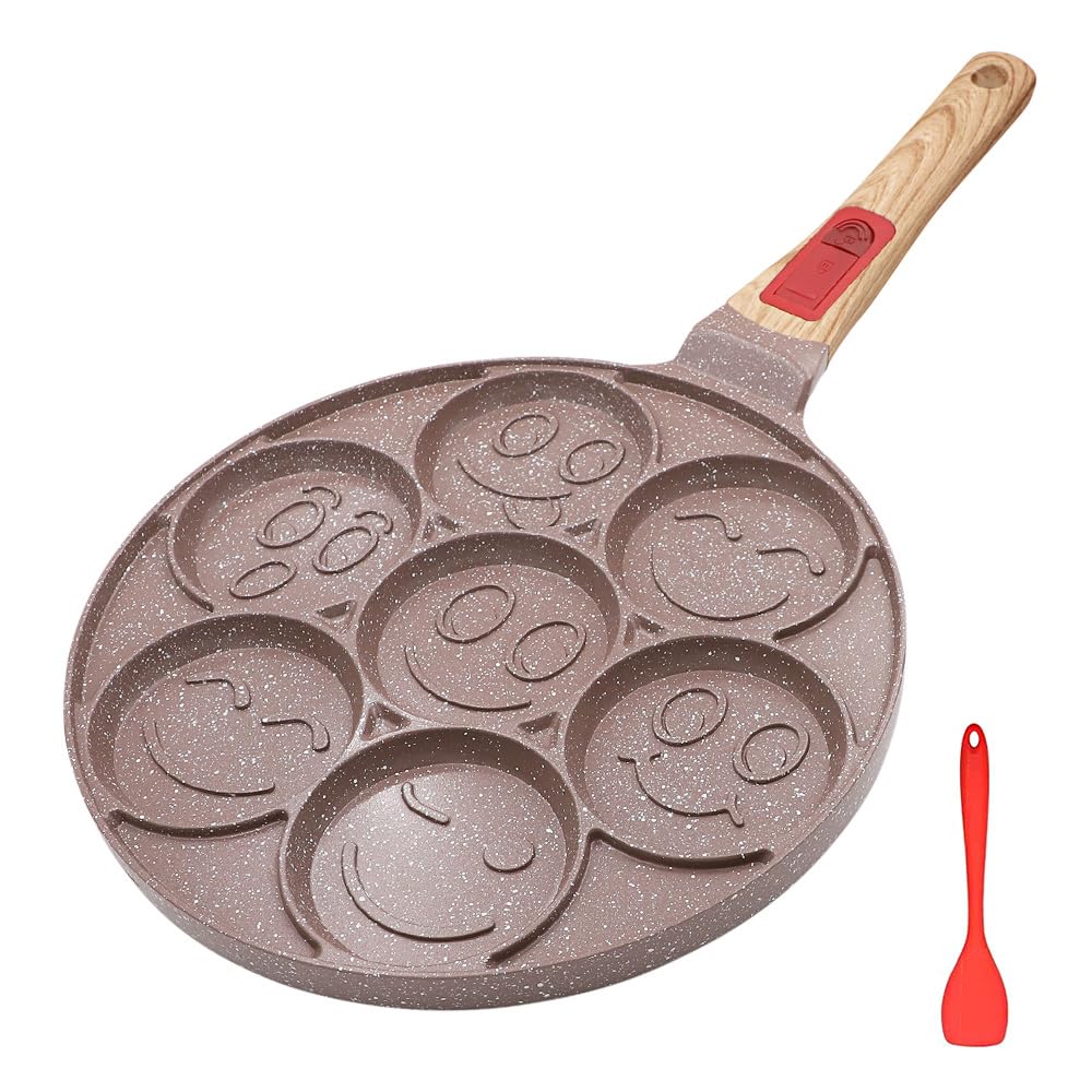 RANX INGST Pancake Pan with Detachable Handle, Non Stick Ceramic Coating, Mini Crepe Pan Pancake Mold 7 Holes for Kids - Brown