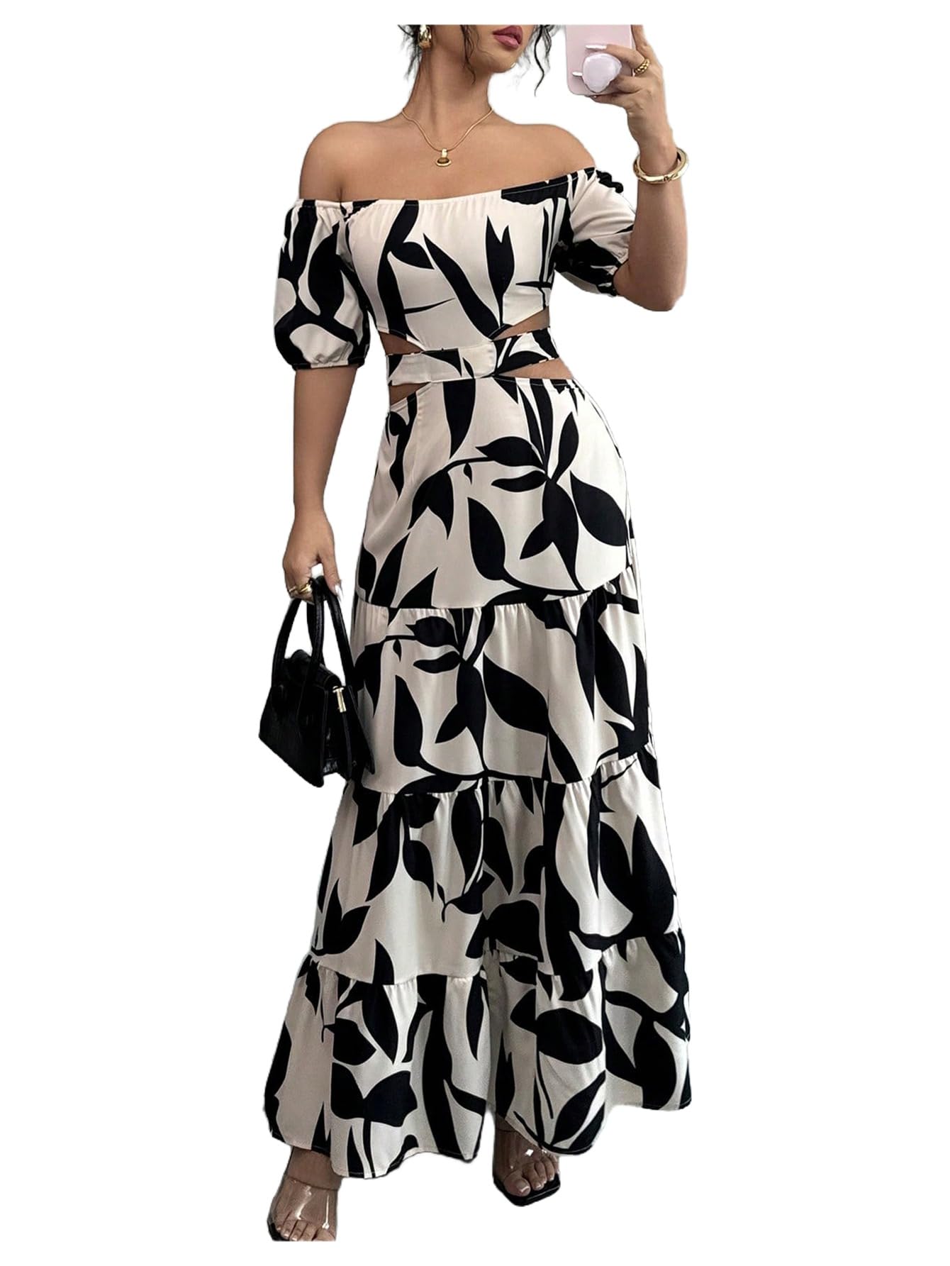 Photo 1 of MakeMeChic Women's Off The Shoulder Maxi Dress Cut Out Backless Ruffle Short Sleeve Shirred Summer Dresses Multicolor Large