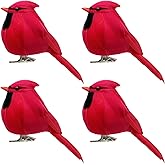 LWINGFLYER 4pcs Red Cardinals Christmas Ornaments Clip on Birds for Crafts Xmas Tree Wreath Decor Floral Arrangements Artificial Birds Realistic Cardinal