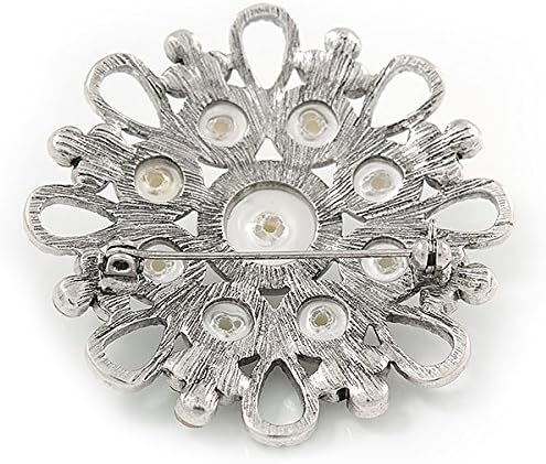 Vintage Inspired Bridal/Wedding/Prom Glass Pearl, Clear Crystal Flower Brooch In Silver Tone - 50mm D, silver, white / ivory - Image 4