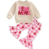 Vicaankue Toddler Baby Girl Valentines Day Outfit Embroidery Long Sleeve Sweatshirt Top Flared Pants Set Bell Bottom Outfits