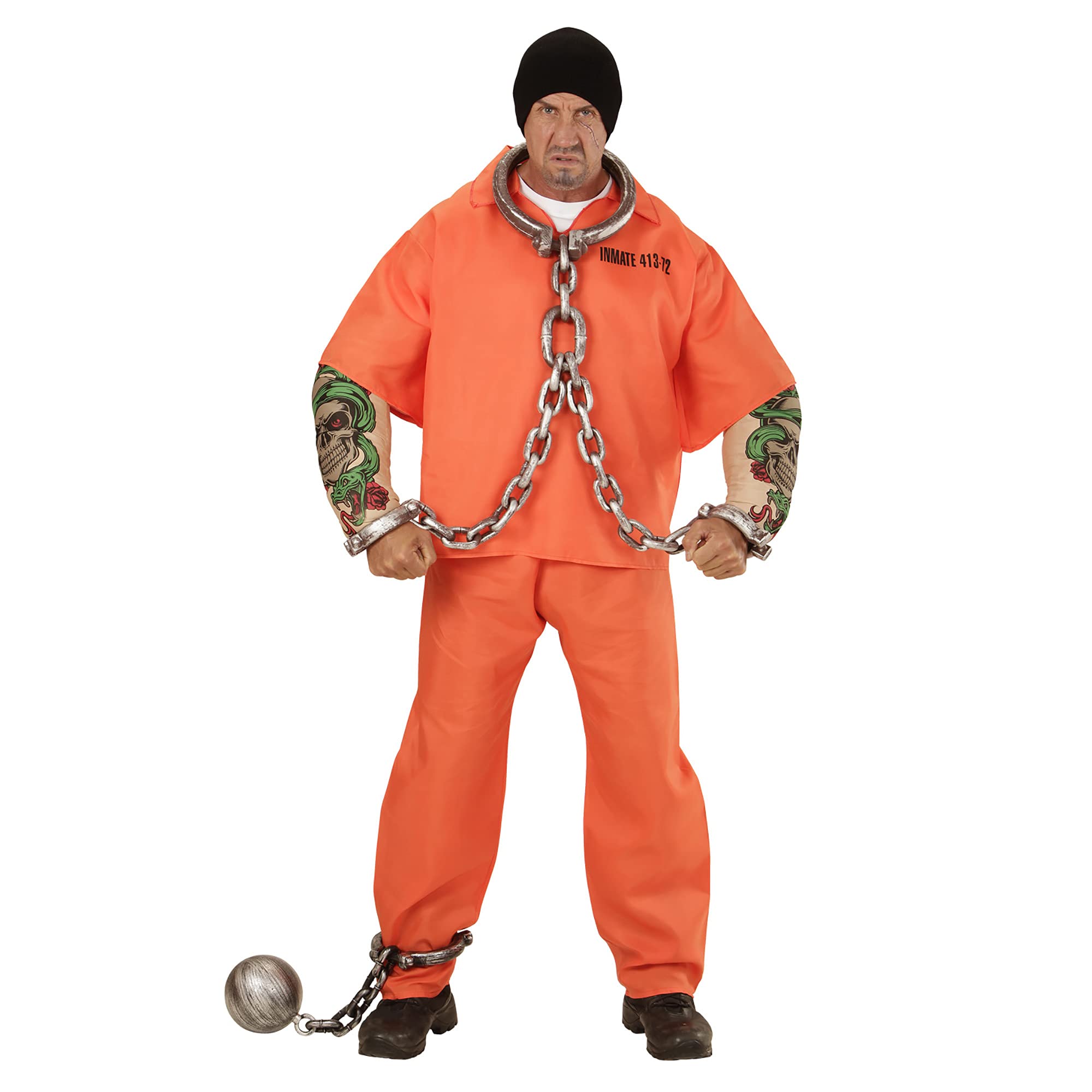 Widmann 00643 - adult costume tattooed prisoner, top with muscular arms and trousers, orange