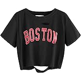 Avanova Women Crop Tops Boston Graphic Tee Oversized Short Sleeve Distressed Tshirt Black Boston X-Large