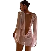 VCM Sheer Mini Dress Sexy Mesh See Through Cover Up Plunge Neck Low Back Dress Long Sleeve Pink Dresses Club Outfits