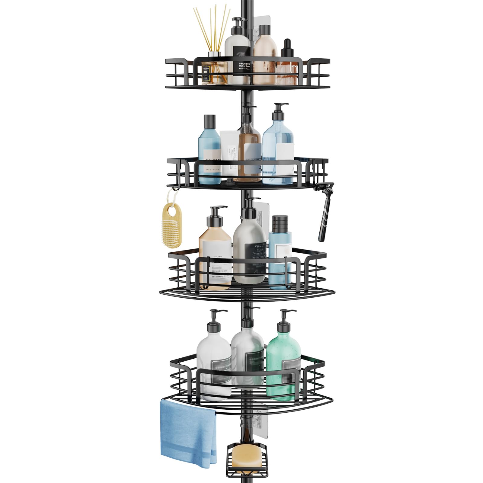 Photo 1 of (PARTIAL SET) Consumest Corner Shower Caddy Tension Pole - Rustproof Shower Shelves with Towel Bar & Soap Holder, Adjustable Bath Organizer for Bathroom Storage, 27.6-108.3 inch, Black
