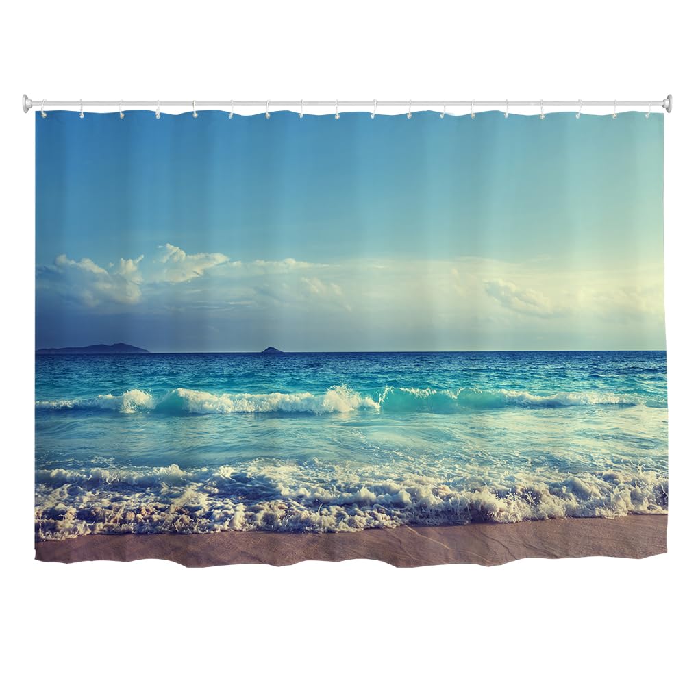 goodbath Extra Wide Shower Curtain 300 x 180 cm,Ocean Beach Sea Waves Blue Sky Waterproof Mould proof Fabric Weighted Shower Curtains for Bathroom Wet room, Blue White Brown
