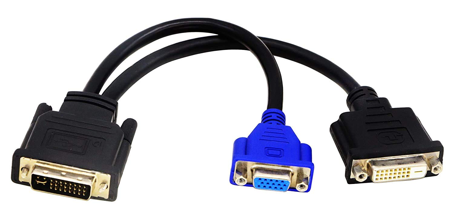 zdyCGTime DVI-I to DVI-D and VGA Splitter Cable, DVI-I Male to DVI-D Female and VGA Female Dual Display Video Splitter Adapter Cable (25CM/10 inches)