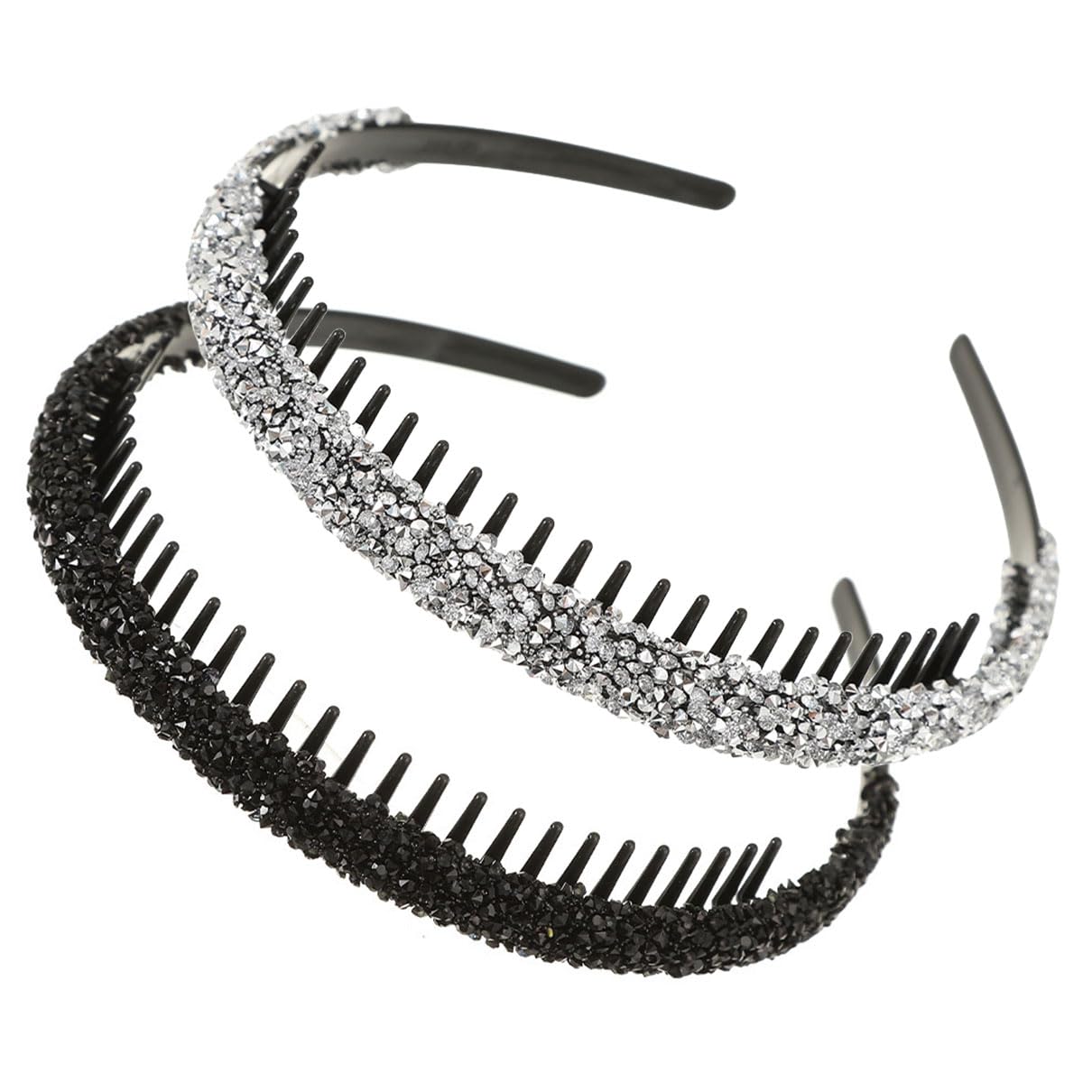 scicent Headband 2 Pieces Teeth Comb Head Bands Non-slip Hair Hoops Rhinestone Covered Hair Bands for Women Girls (Black+silver), 09