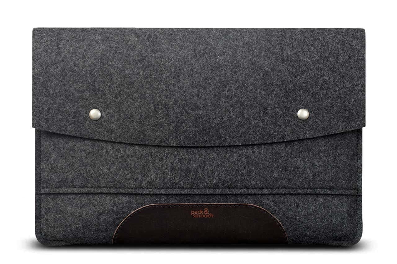 Pack & Smooch For iPad Pro 11" / Air 10.9" + Magic Keyboard Sleeve Case 100% wool felt Vegetable Tanned Leather (Dark Grey/Dark Brown)