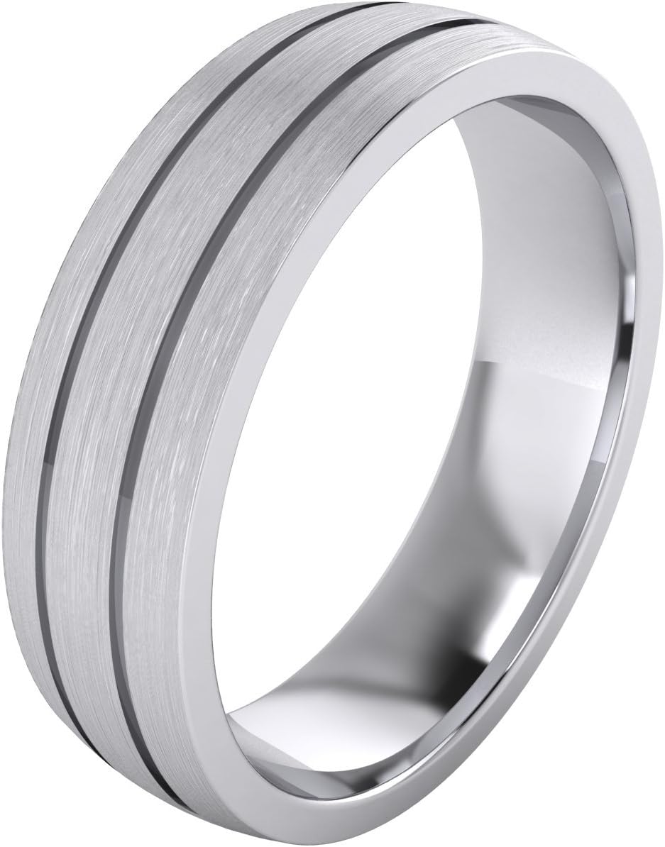 LANDA JEWELHeavy Solid Sterling Silver 6mm Unisex Wedding Band Comfort Fit Domed Ring Two Grooves Brushed Surface