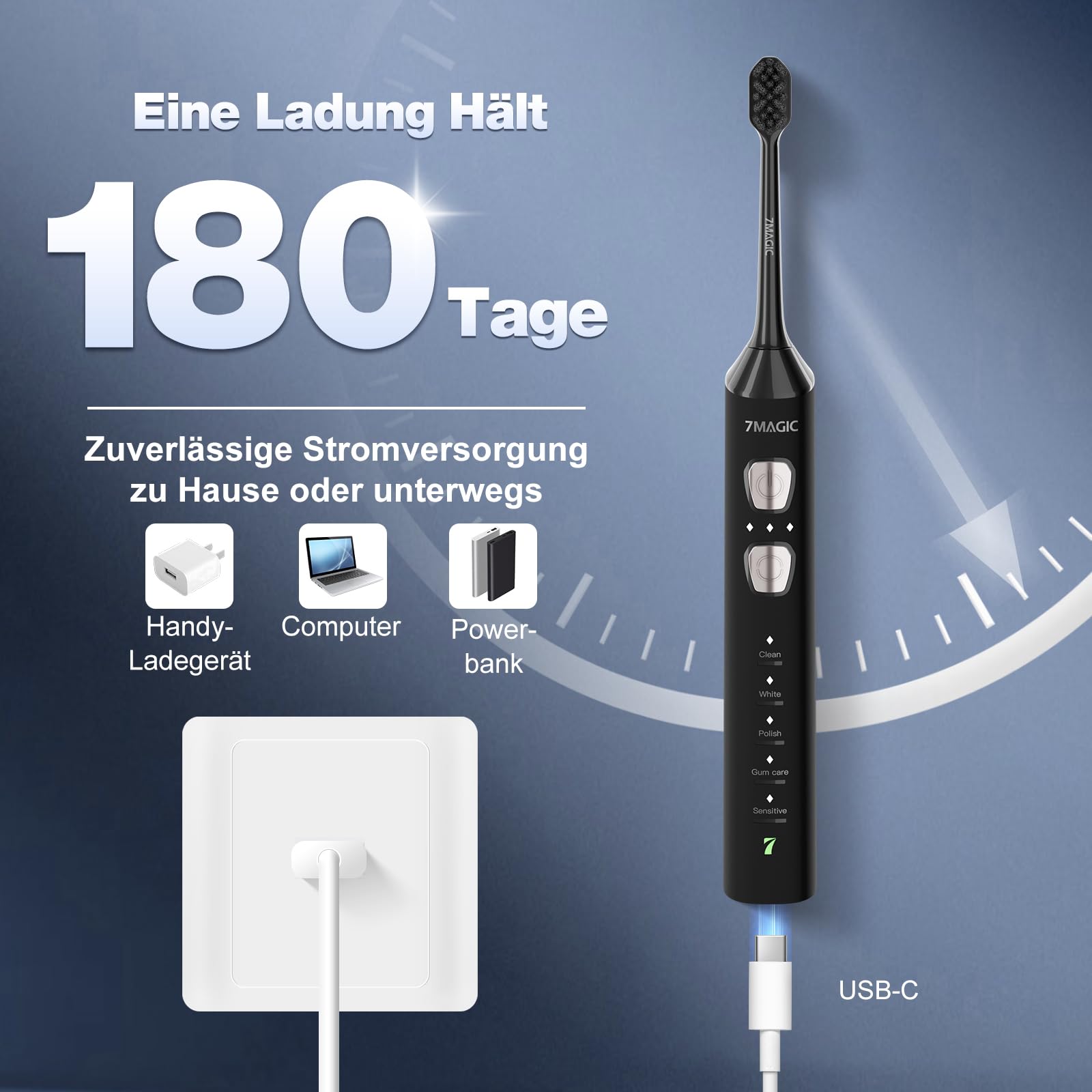 Elektrische Zahnbürste, Schallzahnbürste, Leise Zahnbürste Elektrisch Mit 3 Intensitäten 5 Modi, 40000VPM, IPX7, Zahnbürste Mit 180 Tagen Akkulaufzeit Und Timer, Schwarz 3