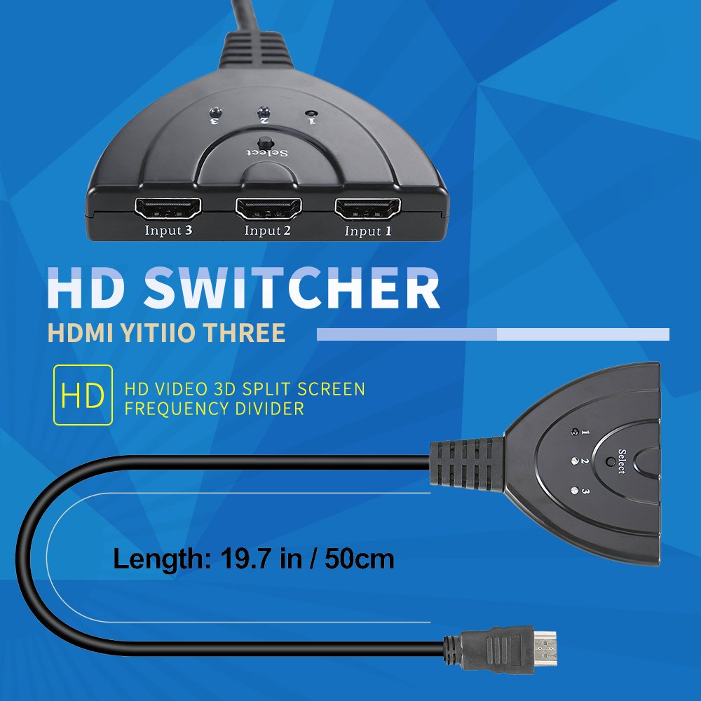 ranipobo HDMI Switch, 3 in 1 out HDMI Splitter with High Speed Switch Pigtail Cable Supports 3D 1080P HD Audio for HDTV,Projector Computer